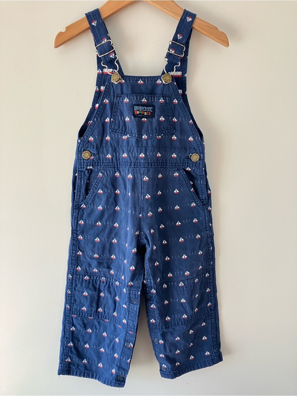 Vintage Lands' End 2T Roveralls Navy Overalls Red & White Sailboats USA made